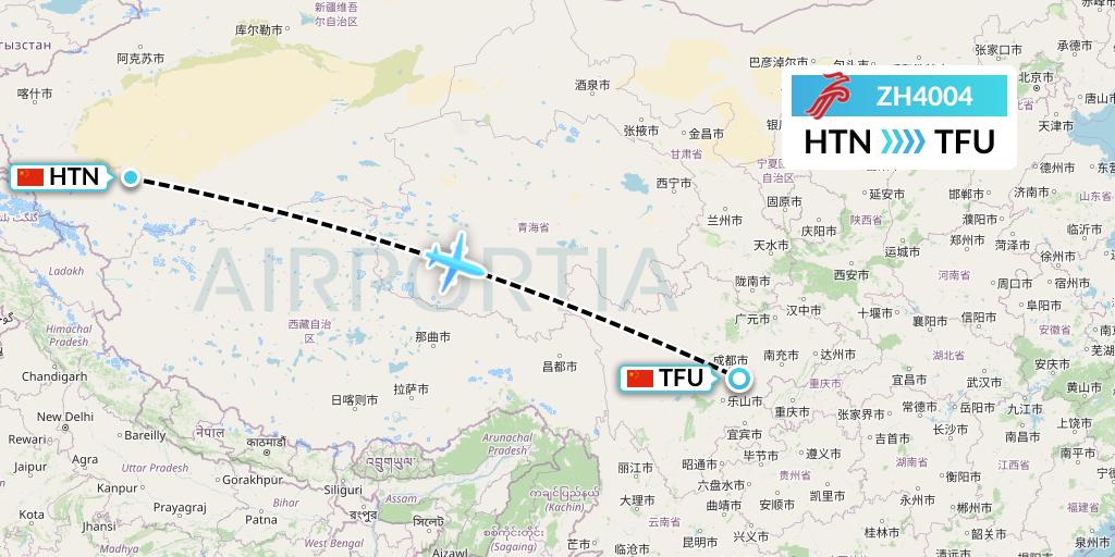 ZH4004 Shenzhen Airlines Flight Map: Hotan to Chengdu