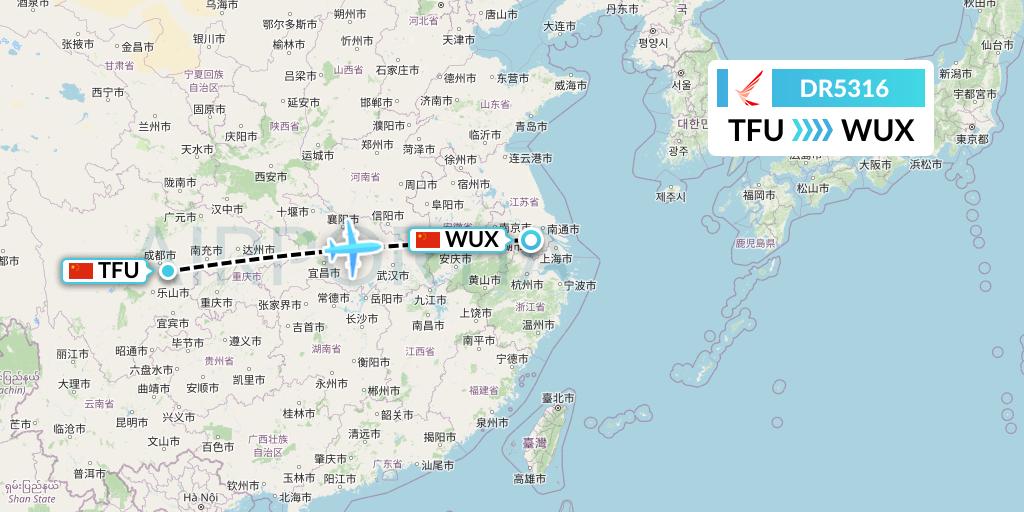 DR5316 Ruili Airlines Flight Map: Chengdu to Wuxi