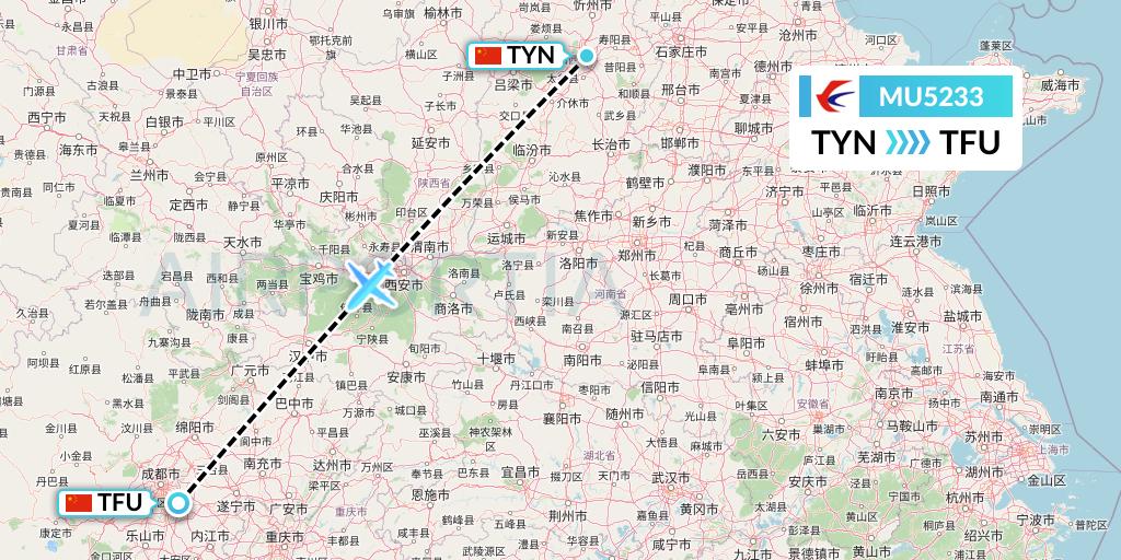MU5233 China Eastern Airlines Flight Map: Taiyuan to Chengdu