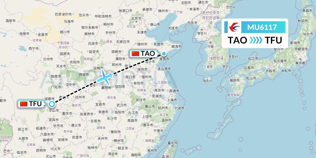 MU6117 China Eastern Airlines Flight Map: Qingdao to Chengdu