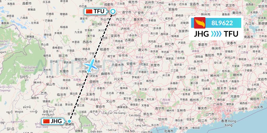 8L9622 Lucky Air Flight Map: Jinghong to Chengdu