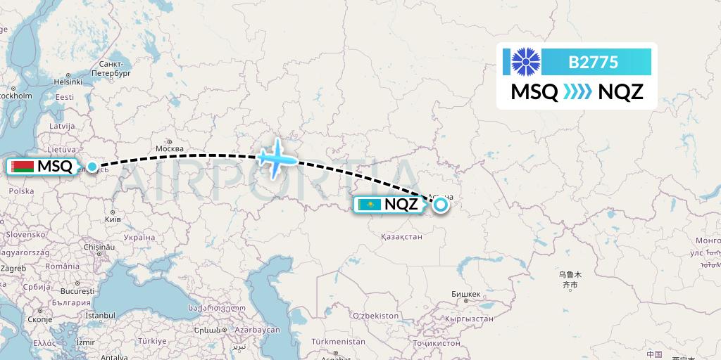 B2775 Belavia Flight Map: Minsk to Astana