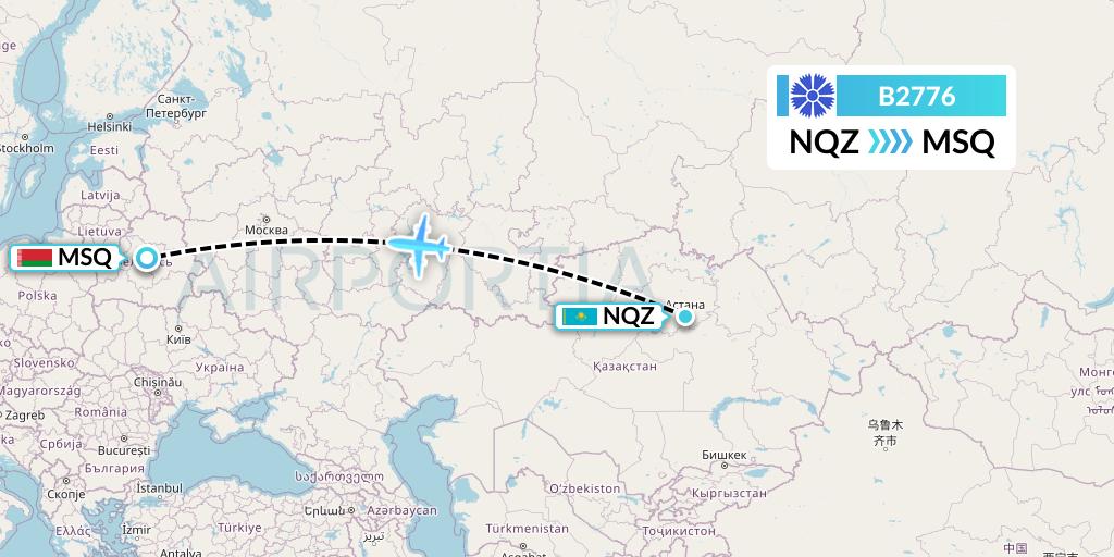 B2776 Belavia Flight Map: Astana to Minsk