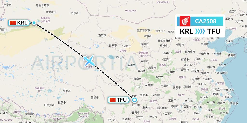 CA2508 Air China Flight Map: Korla to Chengdu