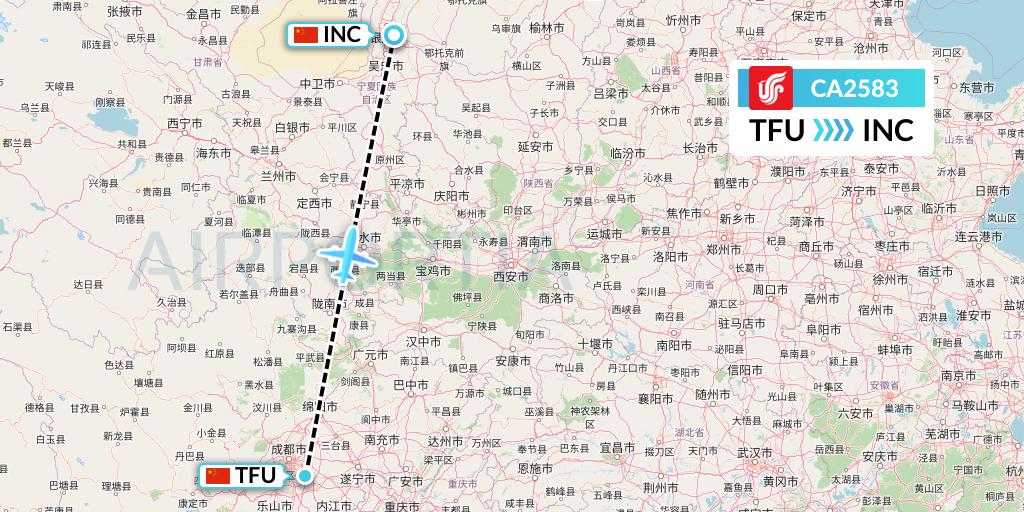 CA2583 Air China Flight Map: Chengdu to Yinchuan