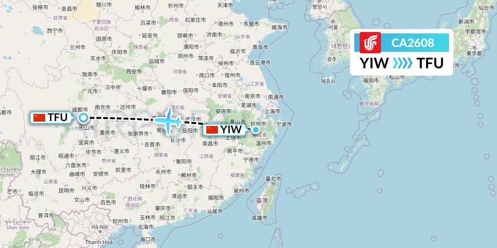 CA2608 Air China Flight Map: Yiwu to Chengdu