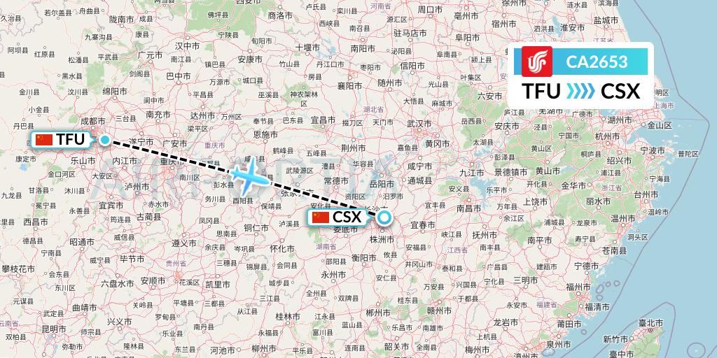CA2653 Air China Flight Map: Chengdu to Changsha