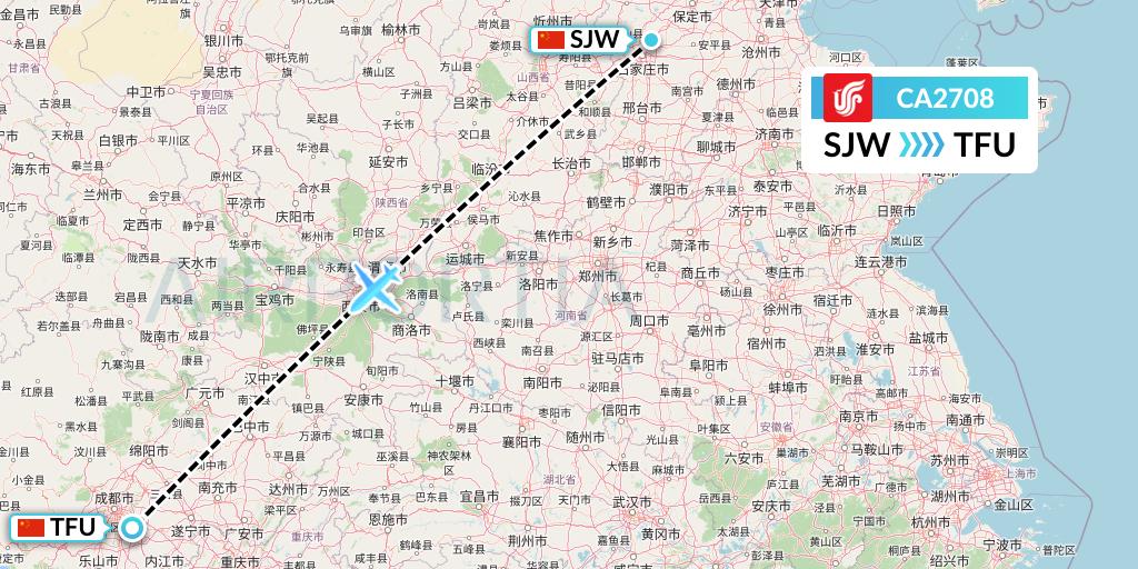 CA2708 Air China Flight Map: Shijiazhuang to Chengdu