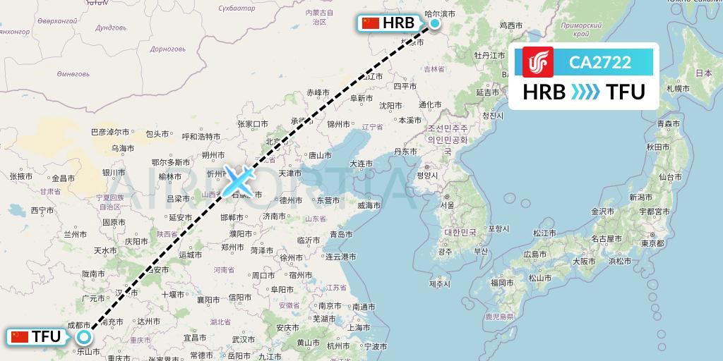 CA2722 Air China Flight Map: Harbin to Chengdu