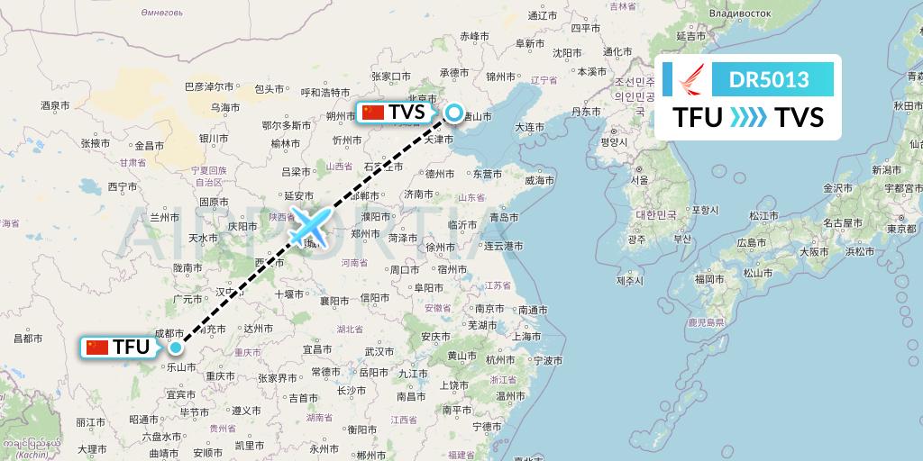 DR5013 Ruili Airlines Flight Map: Chengdu to Tangshan