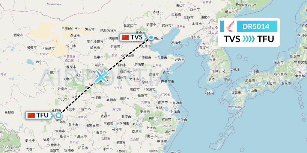 DR5014 Ruili Airlines Flight Map: Tangshan to Chengdu