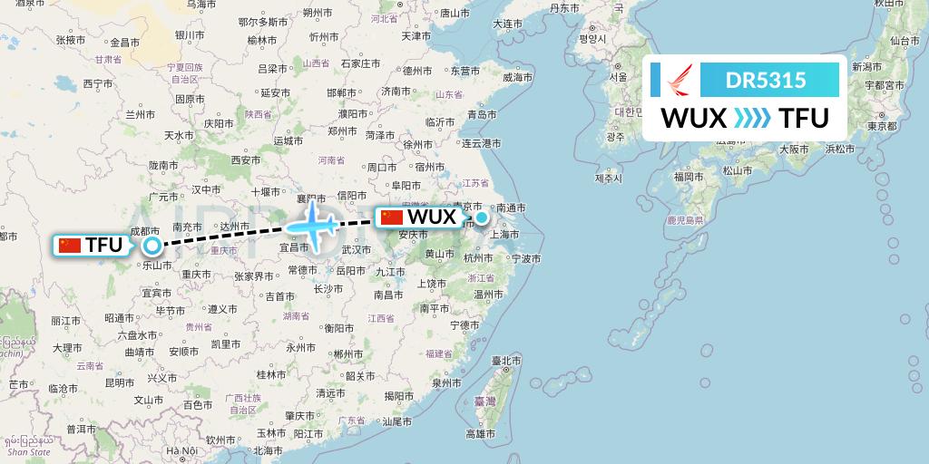 DR5315 Ruili Airlines Flight Map: Wuxi to Chengdu
