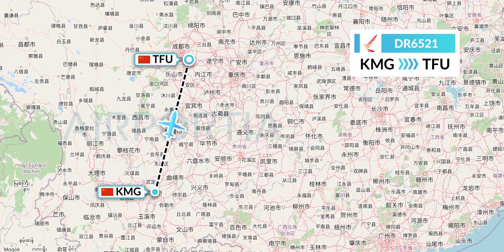 DR6521 Ruili Airlines Flight Map: Kunming to Chengdu
