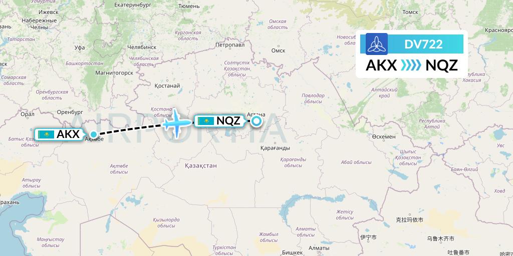 DV722 SCAT Flight Map: Aktobe to Astana