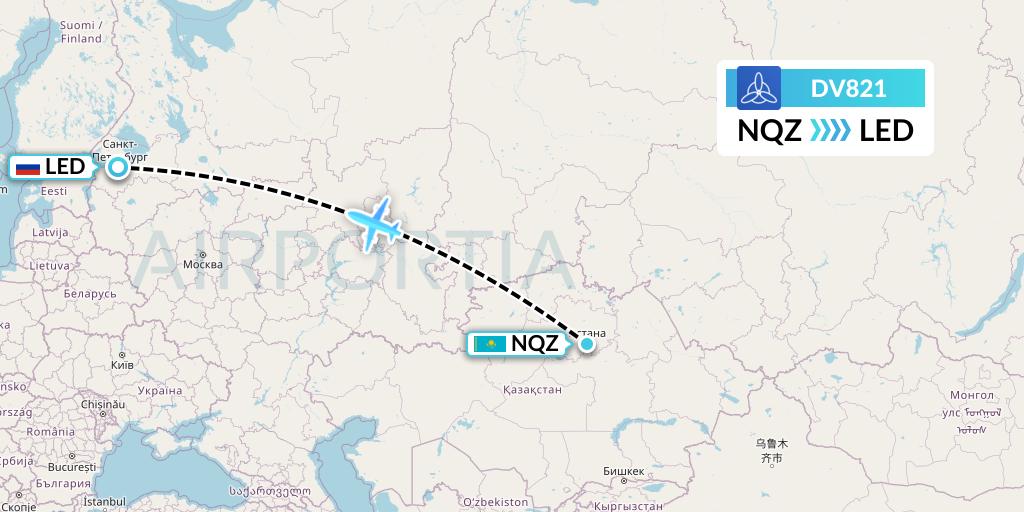 DV821 SCAT Flight Map: Astana to St. Petersburg
