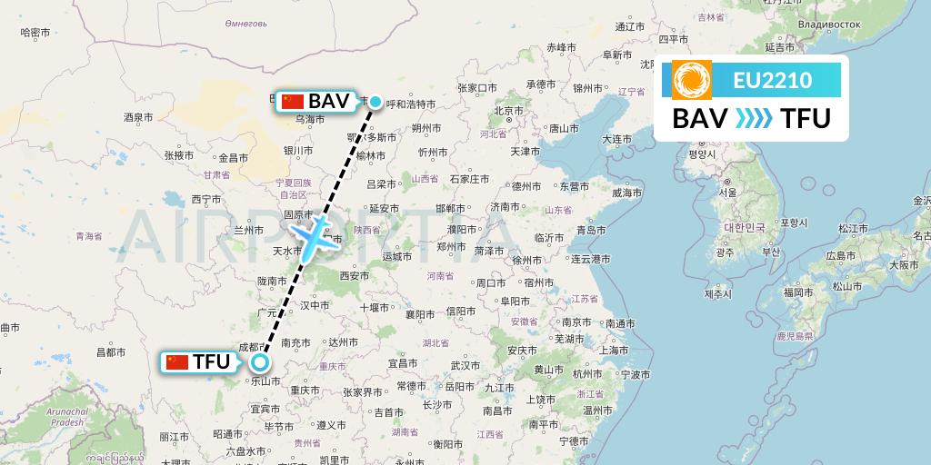 EU2210 Chengdu Airlines Flight Map: Baotou to Chengdu