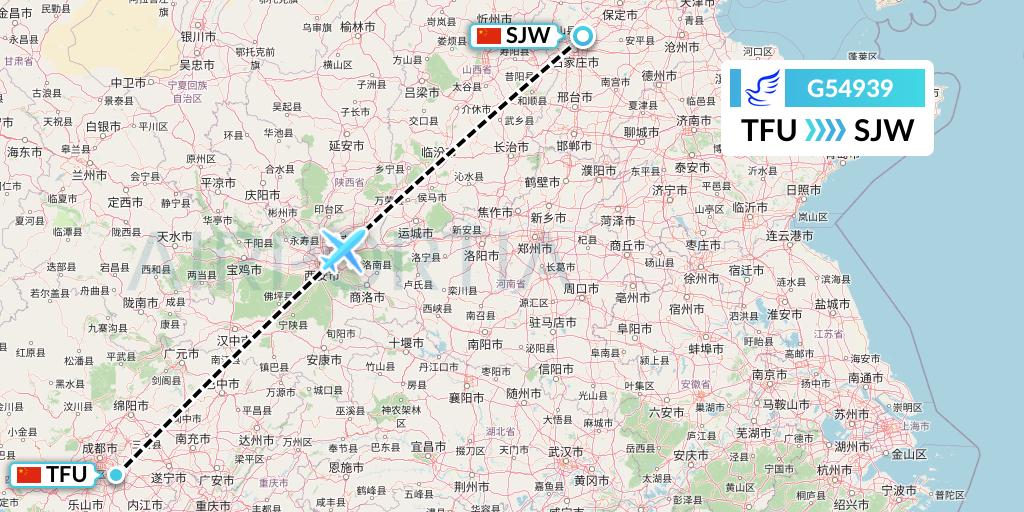 G54939 China Express Airlines Flight Map: Chengdu to Shijiazhuang