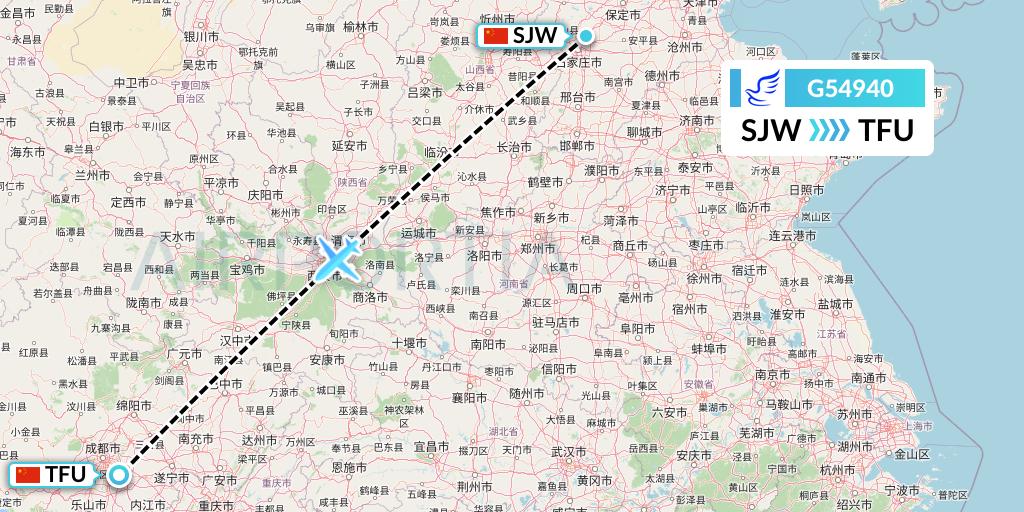 G54940 China Express Airlines Flight Map: Shijiazhuang to Chengdu