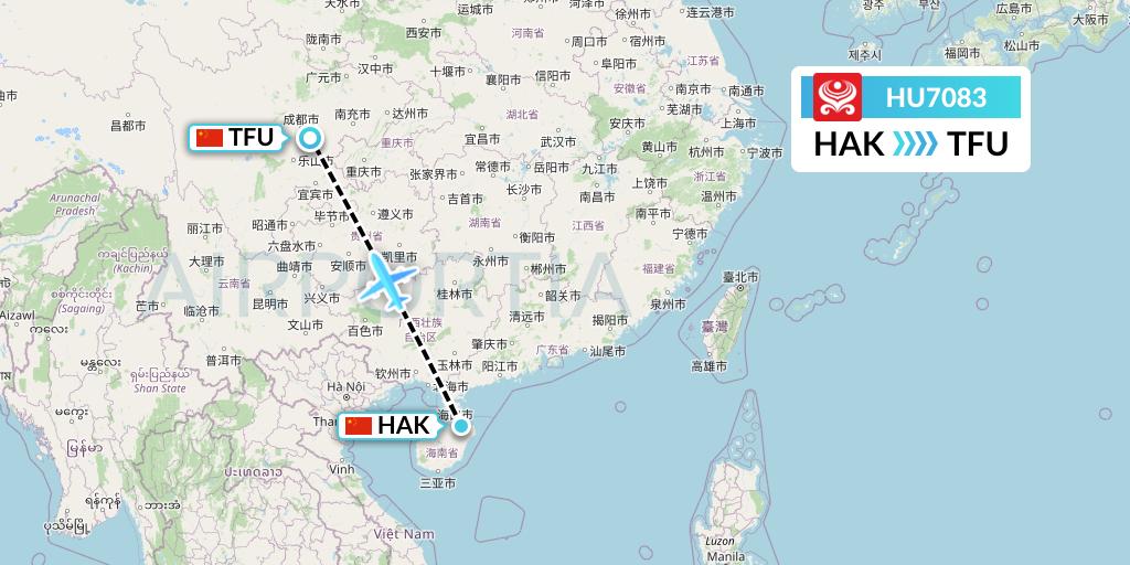 HU7083 Hainan Airlines Flight Map: Haikou to Chengdu