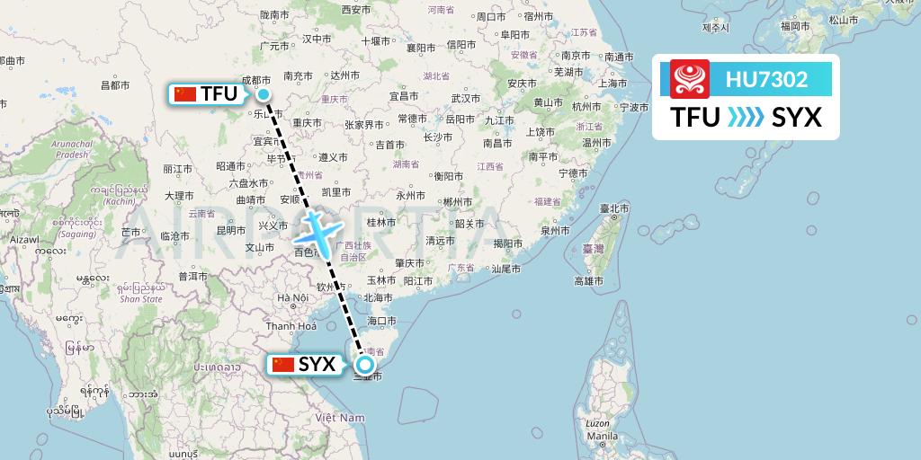 HU7302 Hainan Airlines Flight Map: Chengdu to Sanya
