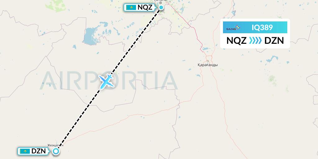 IQ389 Qazaq Air Flight Map: Astana to Zhezkazgan