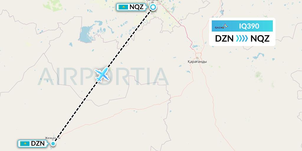 IQ390 Qazaq Air Flight Map: Zhezkazgan to Astana