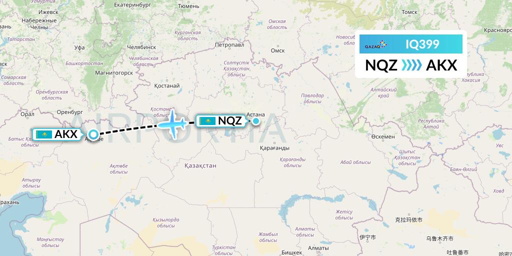 IQ399 Qazaq Air Flight Map: Astana to Aktobe