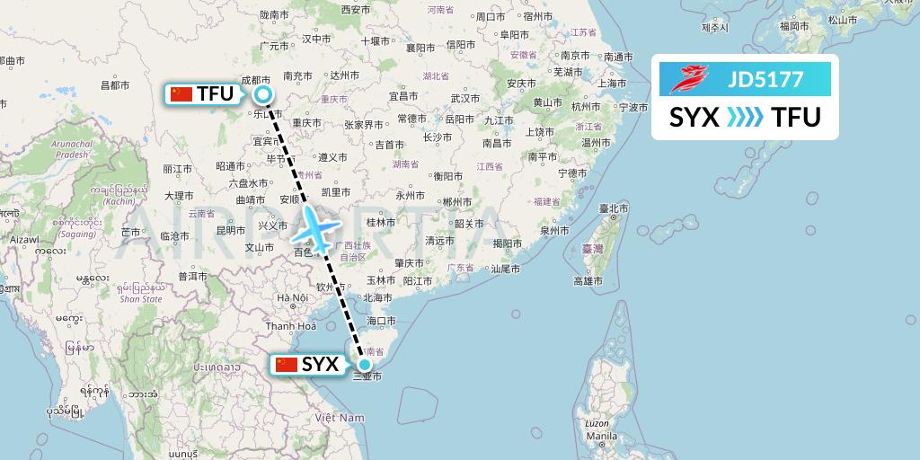 JD5177 Capital Airlines Flight Map: Sanya to Chengdu
