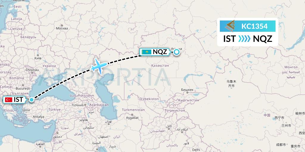 KC1354 Air Astana Flight Map: Istanbul to Astana