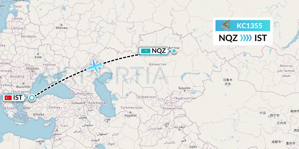KC1355 Air Astana Flight Map: Astana to Istanbul
