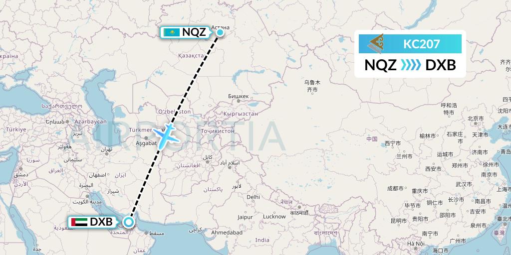 KC207 Air Astana Flight Map: Astana to Dubai
