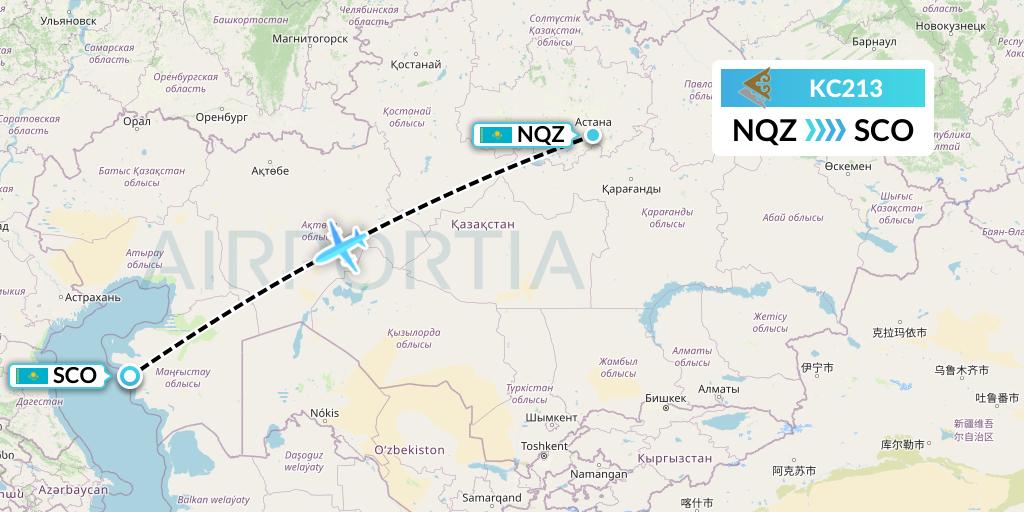 KC213 Air Astana Flight Map: Astana to Aktau