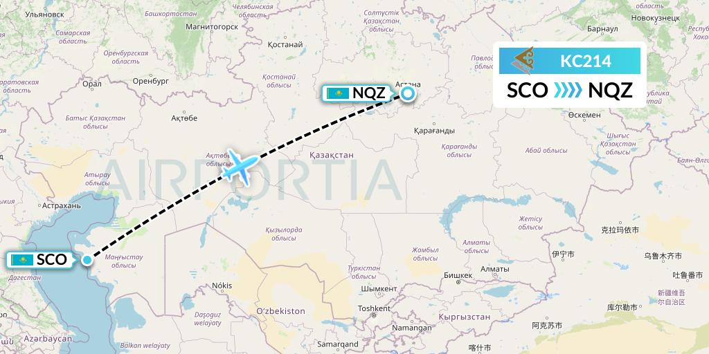 KC214 Air Astana Flight Map: Aktau to Astana