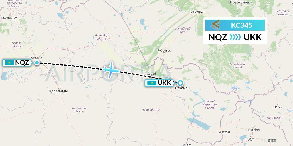 KC345 Air Astana Flight Map: Astana to Oskemen