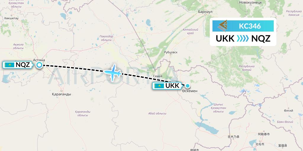 KC346 Air Astana Flight Map: Oskemen to Astana