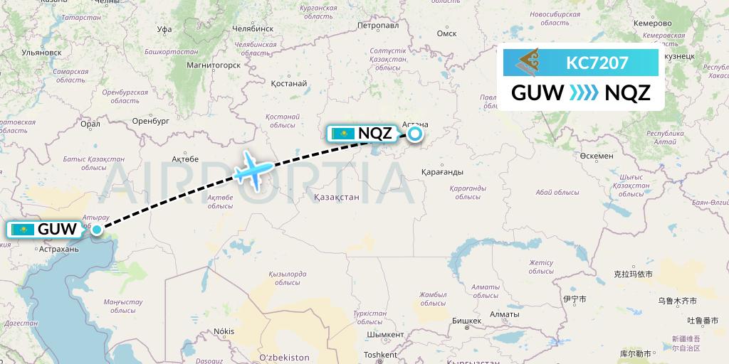 KC7207 Air Astana Flight Map: Atyrau to Astana