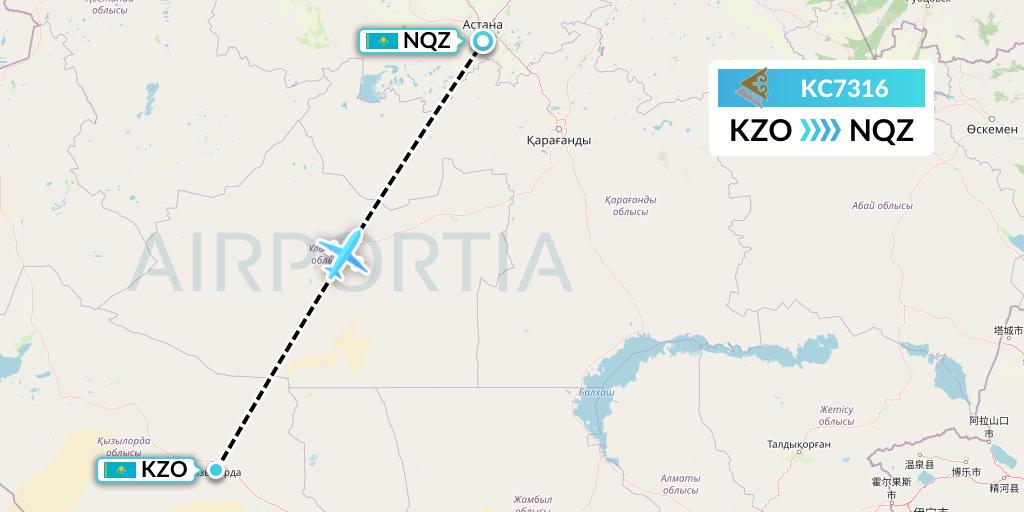 KC7316 Air Astana Flight Map: Kyzylorda to Astana