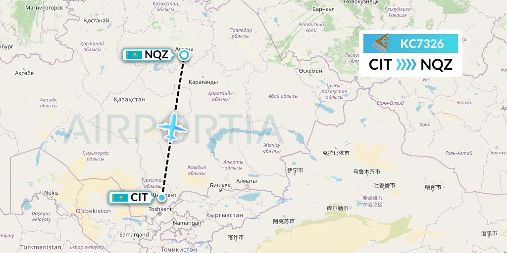 KC7326 Air Astana Flight Map: Shymkent to Astana