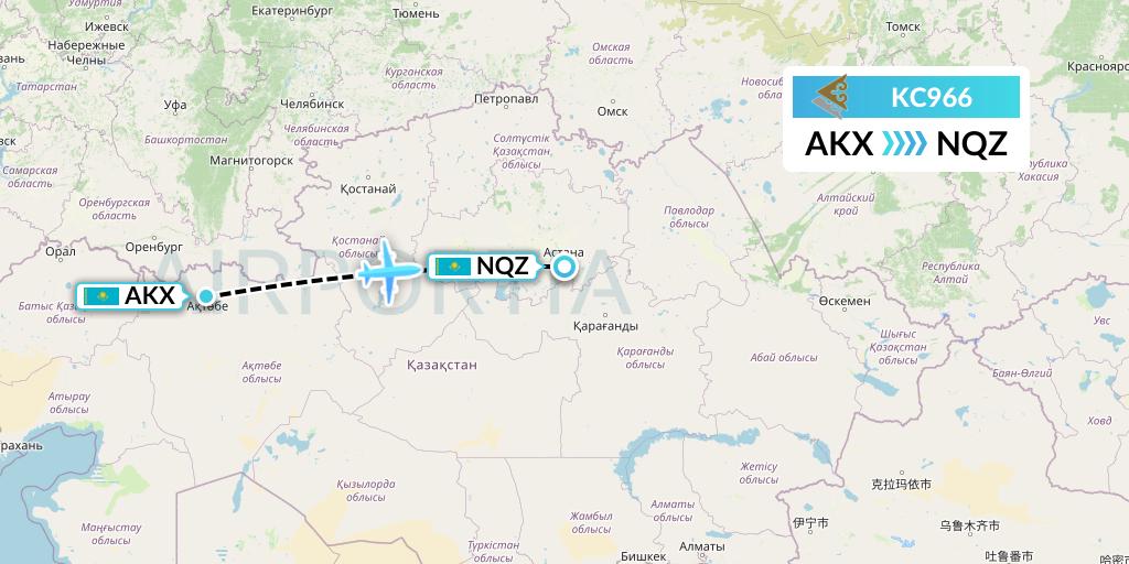KC966 Air Astana Flight Map: Aktobe to Astana