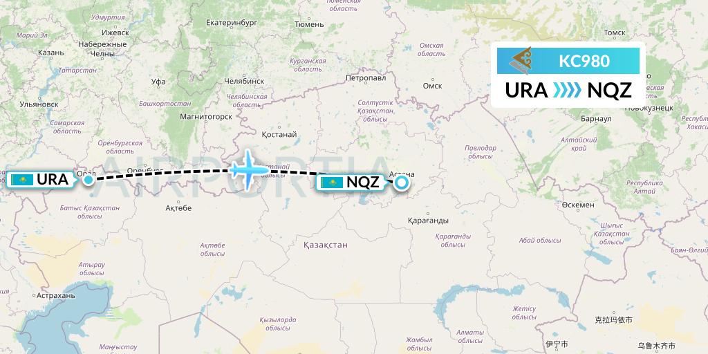 KC980 Air Astana Flight Map: Oral to Astana