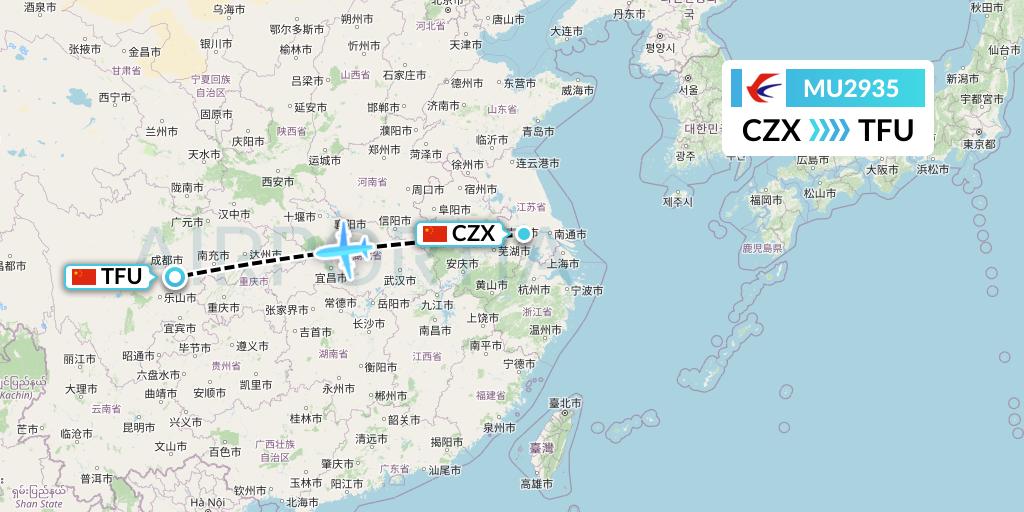 MU2935 China Eastern Airlines Flight Map: Changzhou to Chengdu