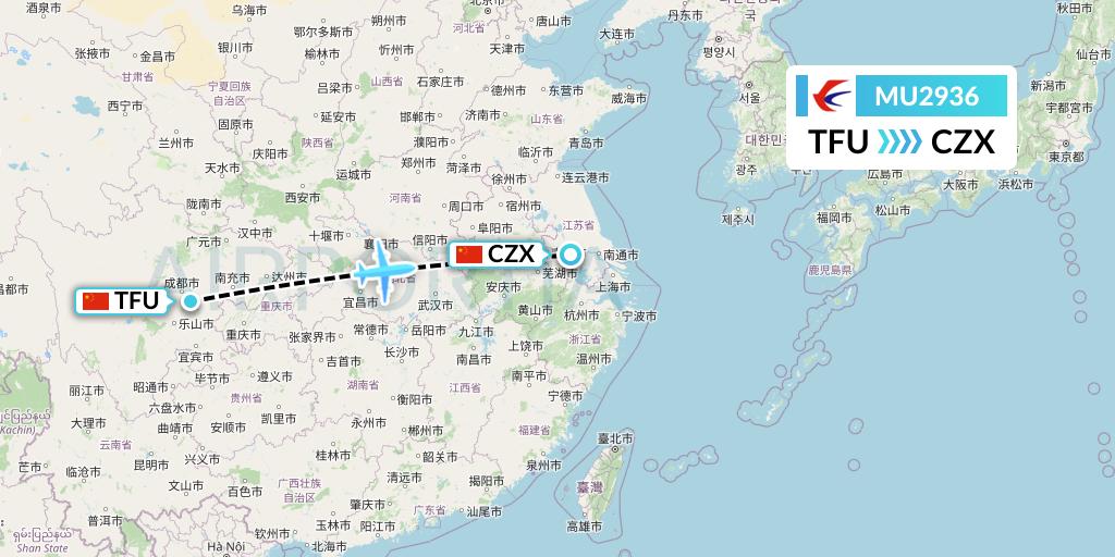 MU2936 China Eastern Airlines Flight Map: Chengdu to Changzhou
