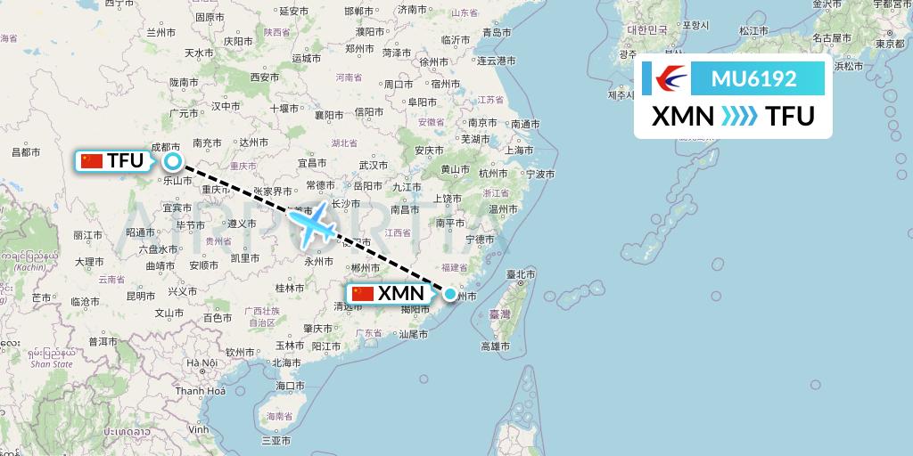 MU6192 China Eastern Airlines Flight Map: Xiamen to Chengdu