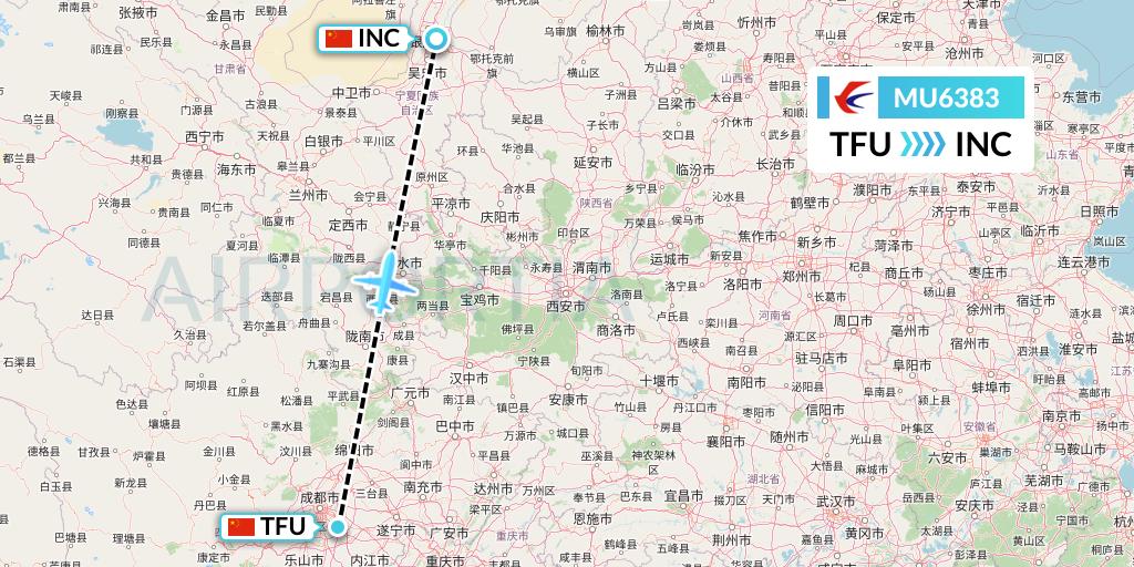 MU6383 China Eastern Airlines Flight Map: Chengdu to Yinchuan