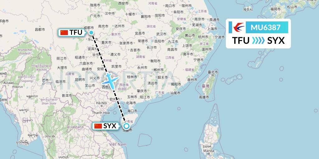 MU6387 China Eastern Airlines Flight Map: Chengdu to Sanya