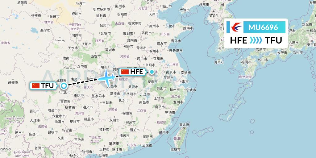 MU6696 China Eastern Airlines Flight Map: Hefei to Chengdu