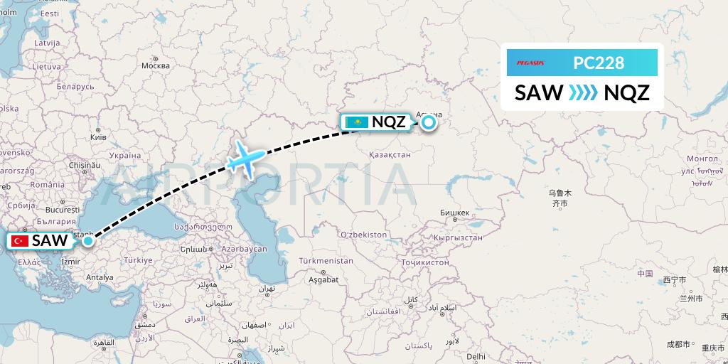 PC228 Pegasus Airlines Flight Map: Istanbul to Astana