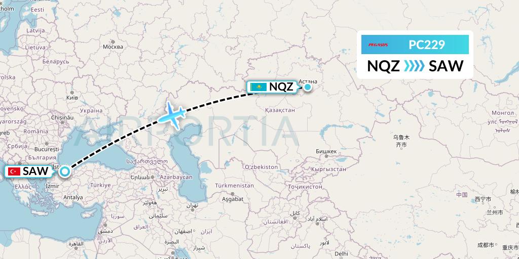 PC229 Pegasus Airlines Flight Map: Astana to Istanbul
