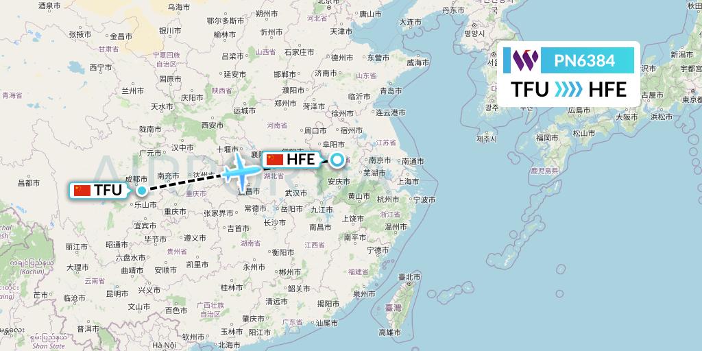 PN6384 China West Air Flight Map: Chengdu to Hefei