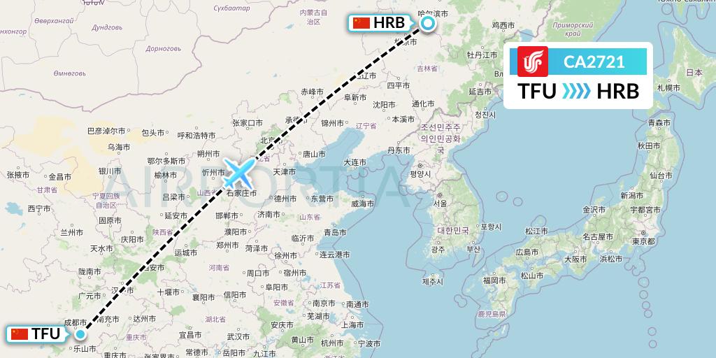 CA2721 Air China Flight Map: Chengdu to Harbin